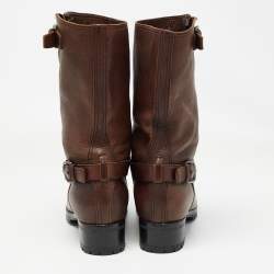 Prada Brown Leather Buckle Detail Mid Calf Length Boots Size 37