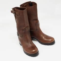 Prada Brown Leather Buckle Detail Mid Calf Length Boots Size 37