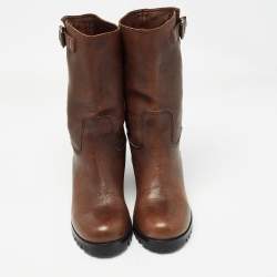 Prada Brown Leather Buckle Detail Mid Calf Length Boots Size 37