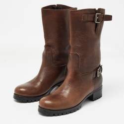 Prada Brown Leather Buckle Detail Mid Calf Length Boots Size 37