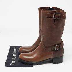 Prada Brown Leather Buckle Detail Mid Calf Length Boots Size 37