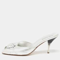 Prada Silver Foil Leather Knotted Square Peep Toe Slide Sandals Size 36