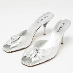 Prada Silver Foil Leather Knotted Square Peep Toe Slide Sandals Size 36