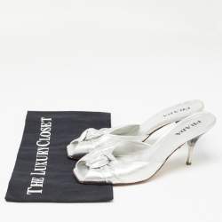 Prada Silver Foil Leather Knotted Square Peep Toe Slide Sandals Size 36