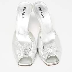 Prada Silver Foil Leather Knotted Square Peep Toe Slide Sandals Size 36