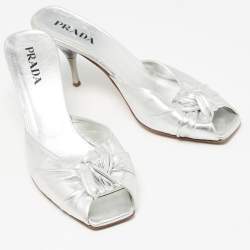 Prada Silver Foil Leather Knotted Square Peep Toe Slide Sandals Size 36