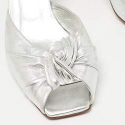 Prada Silver Foil Leather Knotted Square Peep Toe Slide Sandals Size 36
