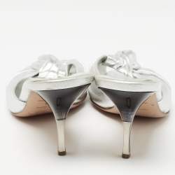 Prada Silver Foil Leather Knotted Square Peep Toe Slide Sandals Size 36