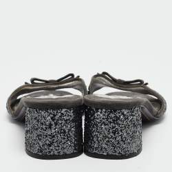 Prada Grey Coarse Glitter and Suede Bow Slide Sandals Size 39.5