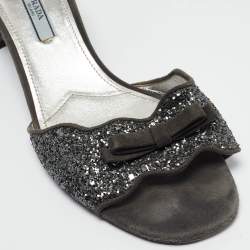 Prada Grey Coarse Glitter and Suede Bow Slide Sandals Size 39.5