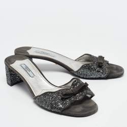 Prada Grey Coarse Glitter and Suede Bow Slide Sandals Size 39.5