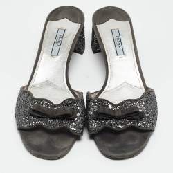 Prada Grey Coarse Glitter and Suede Bow Slide Sandals Size 39.5