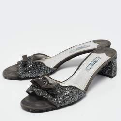 Prada Grey Coarse Glitter and Suede Bow Slide Sandals Size 39.5