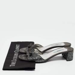 Prada Grey Coarse Glitter and Suede Bow Slide Sandals Size 39.5