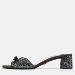 Prada Grey Coarse Glitter and Suede Bow Slide Sandals Size 39.5
