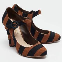 Pre Owned Prada Brown/Black Canvas Mary Jane Pumps Size 36  