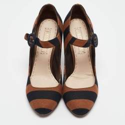 Pre Owned Prada Brown/Black Canvas Mary Jane Pumps Size 36  