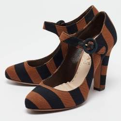 Pre Owned Prada Brown/Black Canvas Mary Jane Pumps Size 36  
