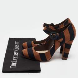Pre Owned Prada Brown/Black Canvas Mary Jane Pumps Size 36  