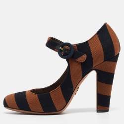 Pre Owned Prada Brown/Black Canvas Mary Jane Pumps Size 36  