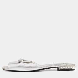 Prada Silver Leather Bow Flat Slides Size 39