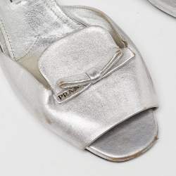 Prada Silver Leather Bow Flat Slides Size 39