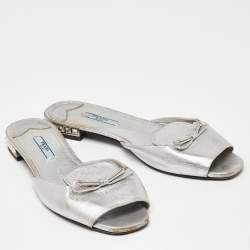 Prada Silver Leather Bow Flat Slides Size 39