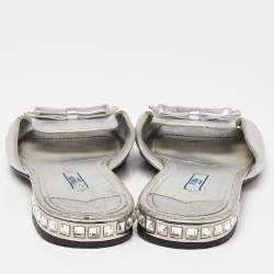 Prada Silver Leather Bow Flat Slides Size 39