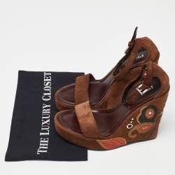 Prada Brown Suede Wedge Platform Ankle Strap Sandals Size 36.5
