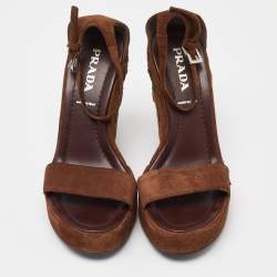 Prada Brown Suede Wedge Platform Ankle Strap Sandals Size 36.5