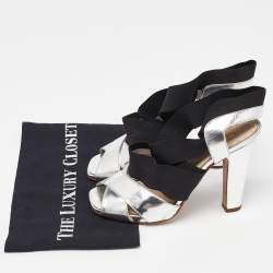 Prada Black/Silver Leather and Fabric Strappy Open Toe Sandals Size 37