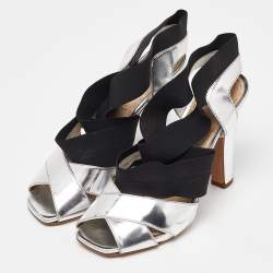 Prada Black/Silver Leather and Fabric Strappy Open Toe Sandals Size 37