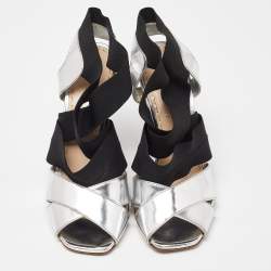 Prada Black/Silver Leather and Fabric Strappy Open Toe Sandals Size 37
