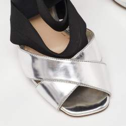 Prada Black/Silver Leather and Fabric Strappy Open Toe Sandals Size 37