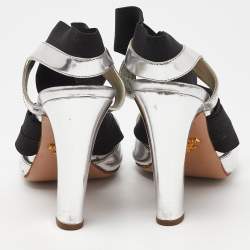 Prada Black/Silver Leather and Fabric Strappy Open Toe Sandals Size 37