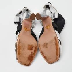 Prada Black/Silver Leather and Fabric Strappy Open Toe Sandals Size 37