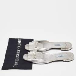 Prada Silver Leather Bow Crystal Embellished Flat Slides Size 41