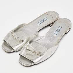 Prada Silver Leather Bow Crystal Embellished Flat Slides Size 41