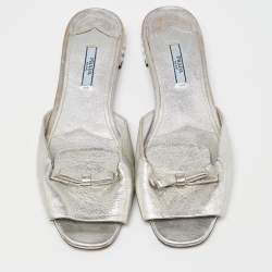Prada Silver Leather Bow Crystal Embellished Flat Slides Size 41