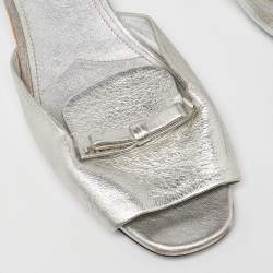 Prada Silver Leather Bow Crystal Embellished Flat Slides Size 41