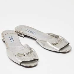 Prada Silver Leather Bow Crystal Embellished Flat Slides Size 41