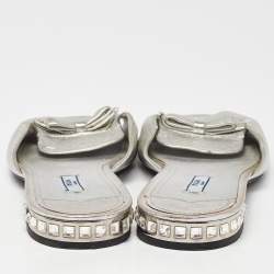Prada Silver Leather Bow Crystal Embellished Flat Slides Size 41