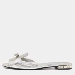 Prada Silver Leather Bow Crystal Embellished Flat Slides Size 41