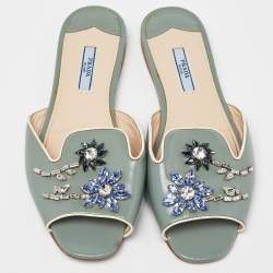 Prada Grey Patent Leather Crystal Embellished Flat Slides Size 38