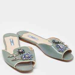 Prada Grey Patent Leather Crystal Embellished Flat Slides Size 38