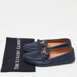 Pre Owned Prada Blue Leather Bow Slip On Loafers Size 36.5