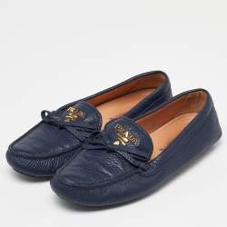 Pre Owned Prada Blue Leather Bow Slip On Loafers Size 36.5