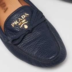 Pre Owned Prada Blue Leather Bow Slip On Loafers Size 36.5