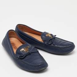 Pre Owned Prada Blue Leather Bow Slip On Loafers Size 36.5