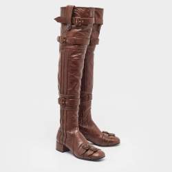 Prada Brown Leather Buckle Over The Knee Boots Size 39